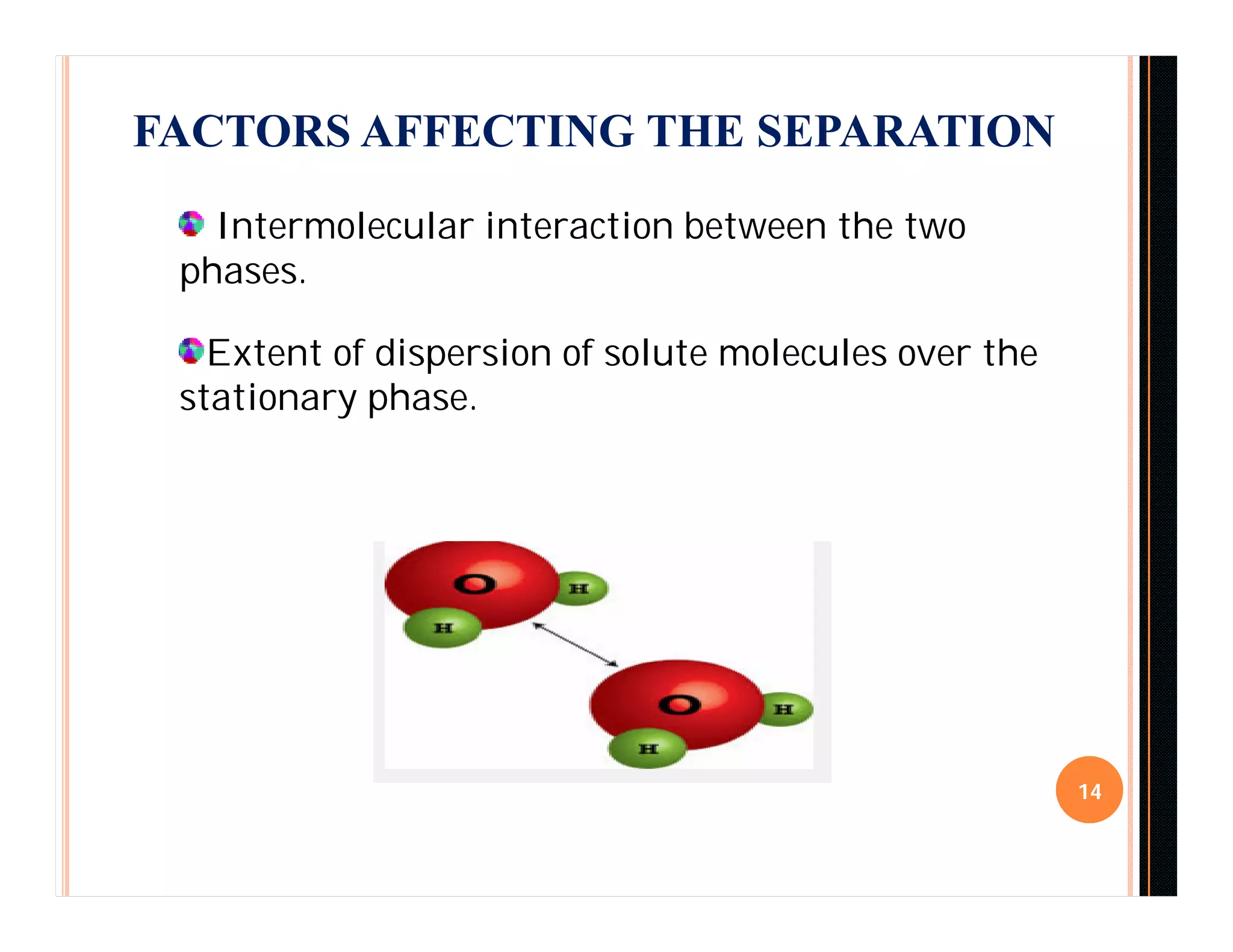 FACTORS AFFECTING THE SEPARATION
14
Intermolecular interaction between the two
phases.
Extent of dispersion of solute molecules over the
stationary phase.
 