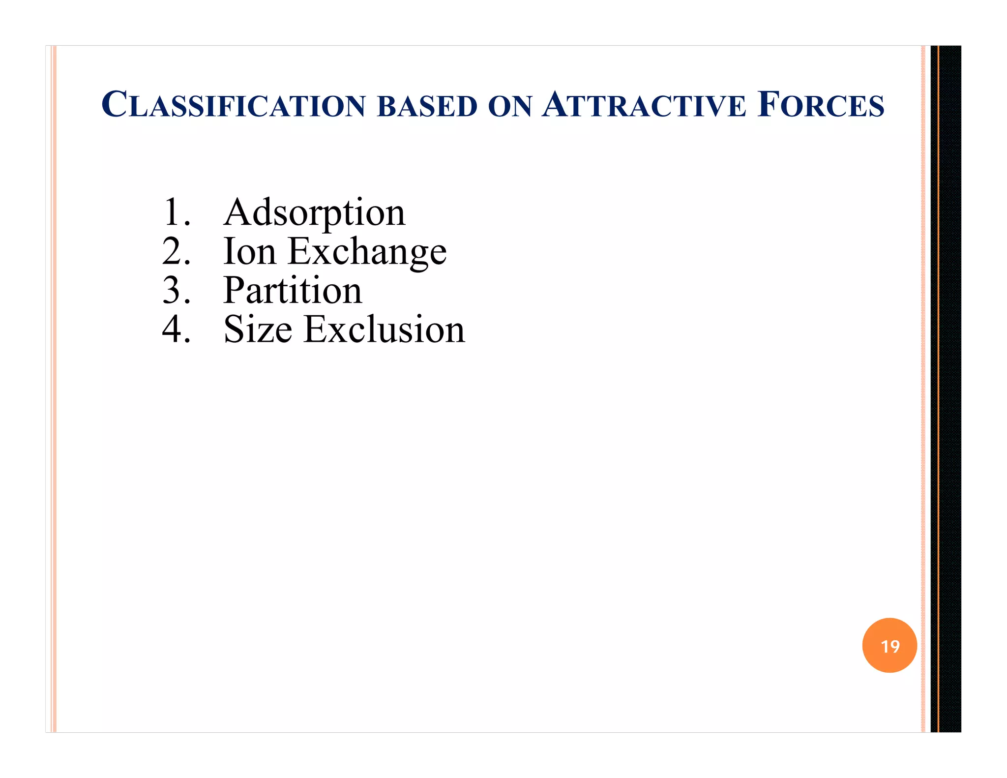 CLASSIFICATION BASED ON ATTRACTIVE FORCES
19
1. Adsorption
2. Ion Exchange
3. Partition
4. Size Exclusion
 