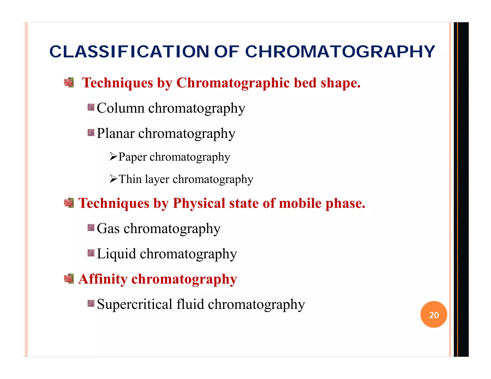 CLASSIFICATION OF CHROMATOGRAPHY
20
Techniques by Chromatographic bed shape.
Column chromatography
Planar chromatography
Paper chromatography
Thin layer chromatography
Techniques by Physical state of mobile phase.
Gas chromatography
Liquid chromatography
Affinity chromatography
Supercritical fluid chromatography
 