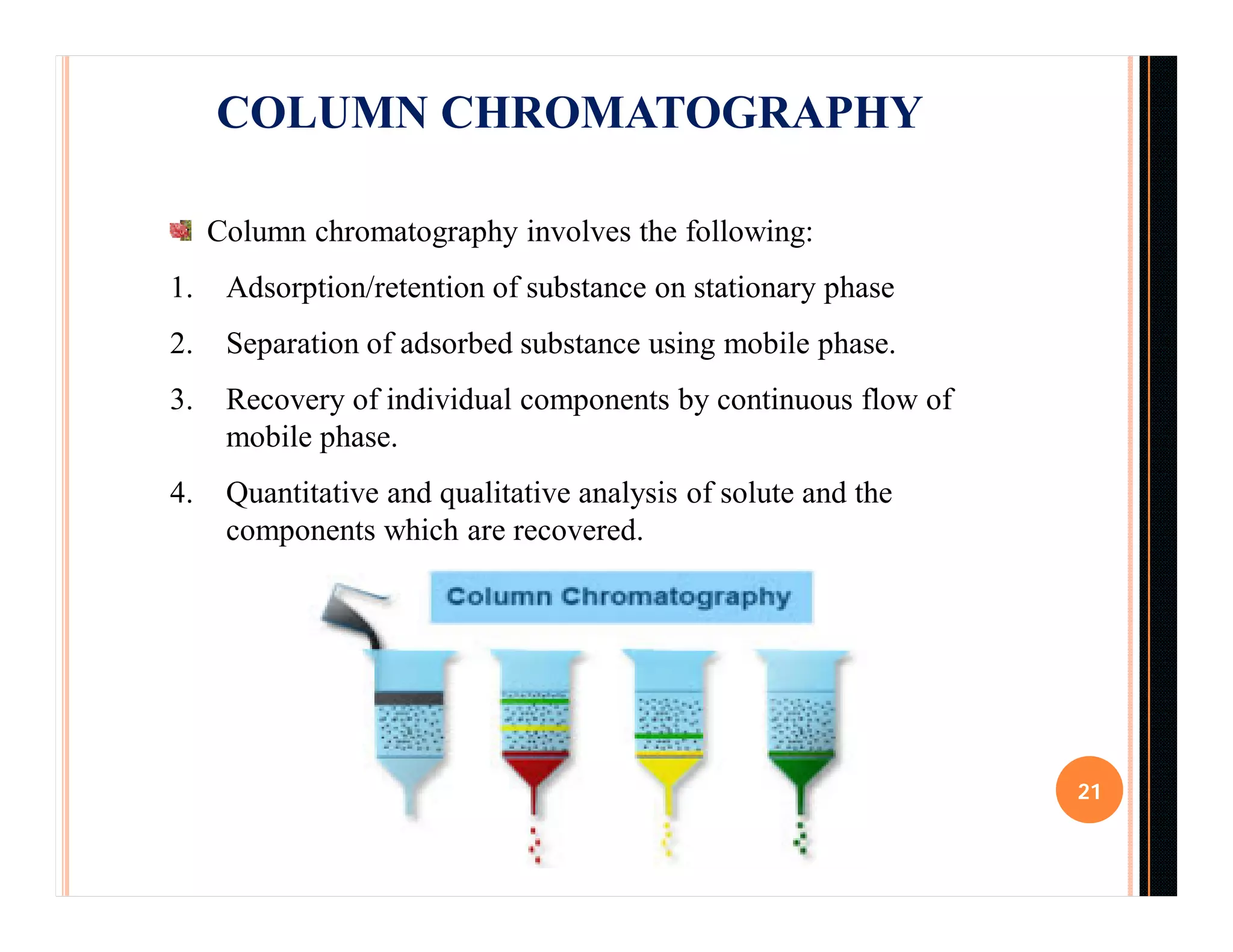 COLUMN CHROMATOGRAPHY
21
Column chromatography involves the following:
1. Adsorption/retention of substance on stationary phase
2. Separation of adsorbed substance using mobile phase.
3. Recovery of individual components by continuous flow of
mobile phase.
4. Quantitative and qualitative analysis of solute and the
components which are recovered.
 