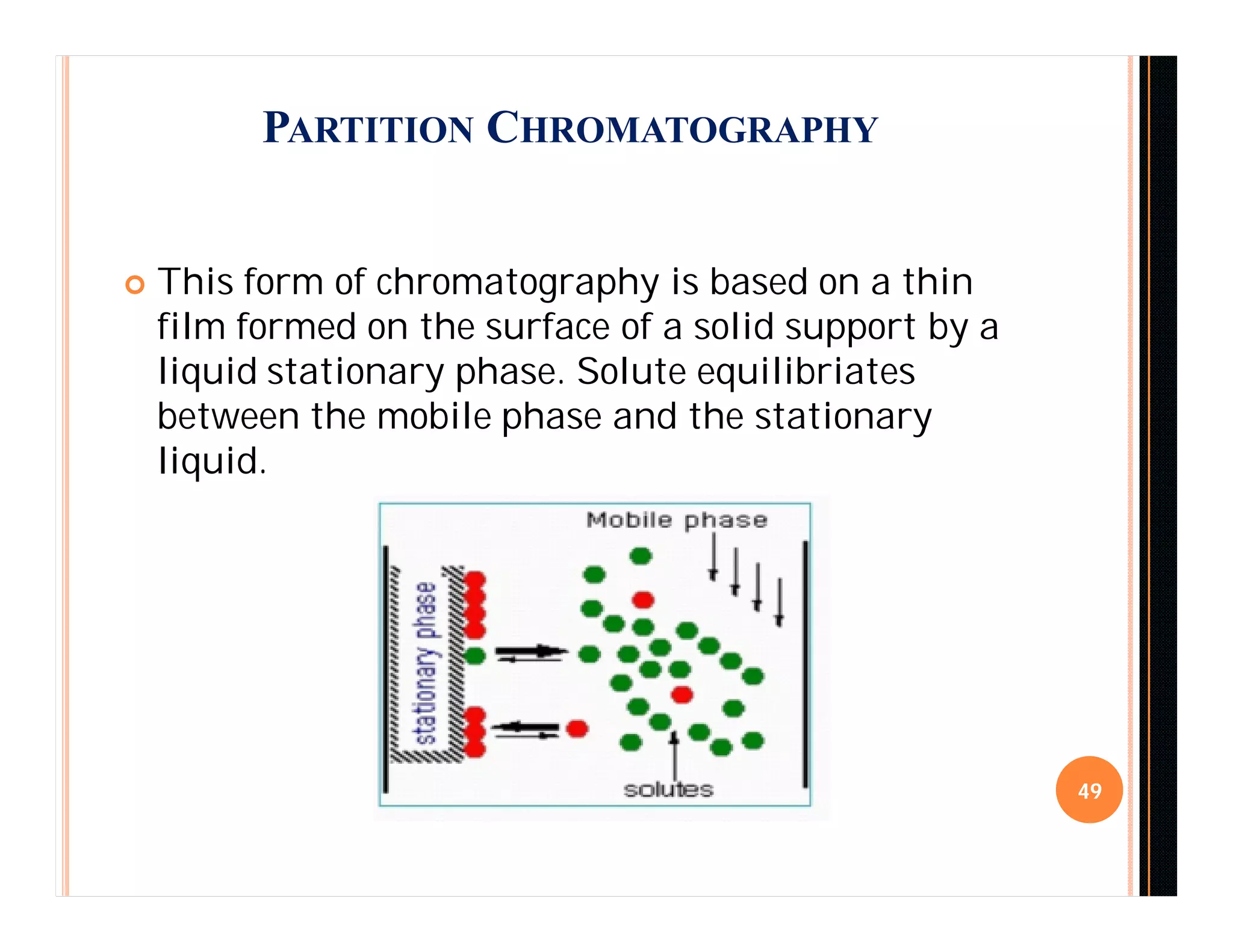PARTITION CHROMATOGRAPHY
 This form of chromatography is based on a thin
film formed on the surface of a solid support by a
liquid stationary phase. Solute equilibriates
between the mobile phase and the stationary
liquid.
49
 