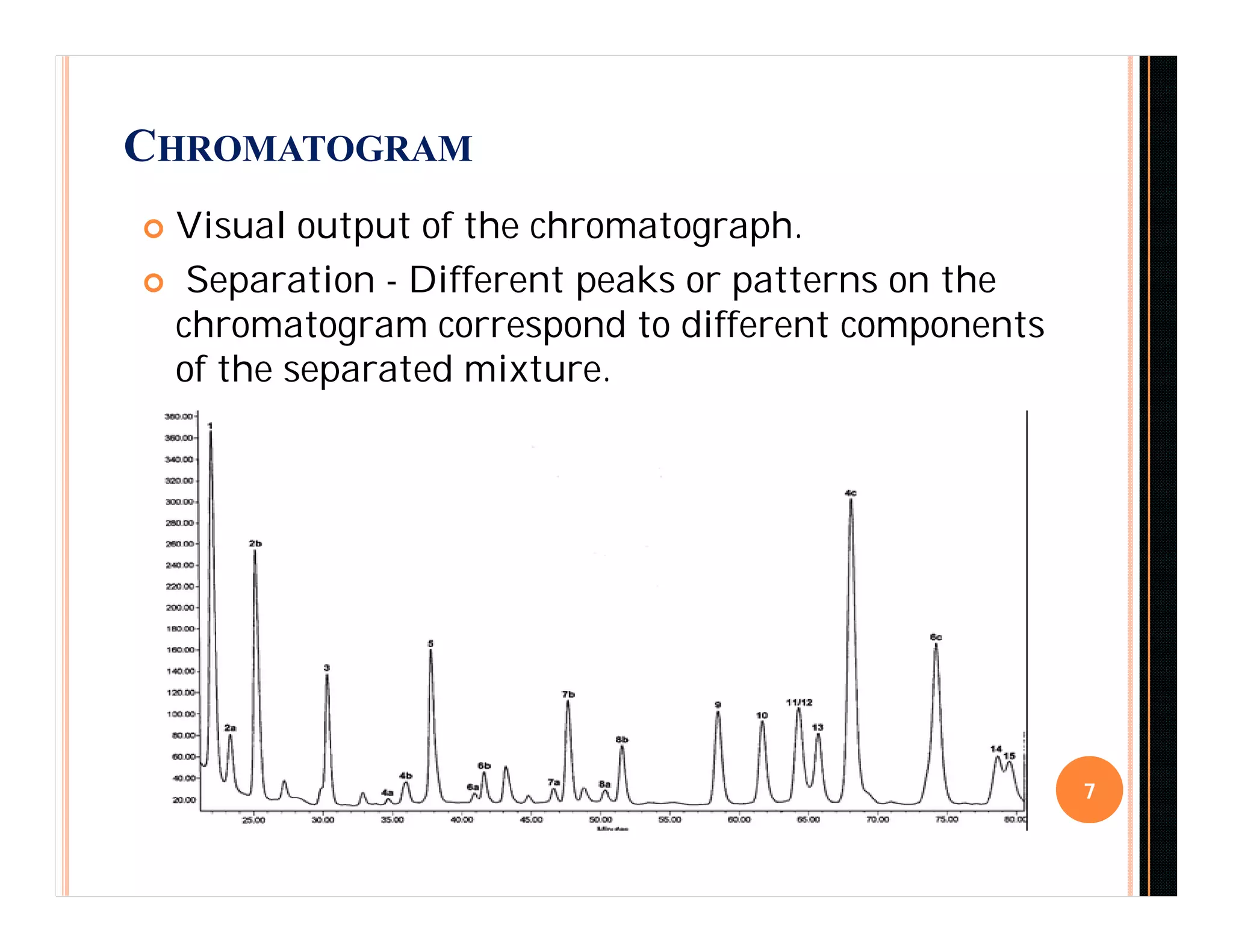 CHROMATOGRAM
 Visual output of the chromatograph.
 Separation - Different peaks or patterns on the
chromatogram correspond to different components
of the separated mixture.
7
 