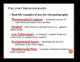 USES FOR CHROMATOGRAPHY
 Real-life examples of uses for chromatography:
• Pharmaceutical Company – determine amount of
ea...