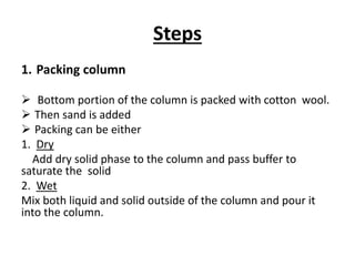 Steps
1. Packing column
 Bottom portion of the column is packed with cotton wool.
 Then sand is added
 Packing can be either
1. Dry
Add dry solid phase to the column and pass buffer to
saturate the solid
2. Wet
Mix both liquid and solid outside of the column and pour it
into the column.
 