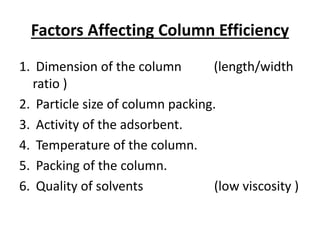 Factors Affecting Column Efficiency
1. Dimension of the column (length/width
ratio )
2. Particle size of column packing.
3. Activity of the adsorbent.
4. Temperature of the column.
5. Packing of the column.
6. Quality of solvents (low viscosity )
 