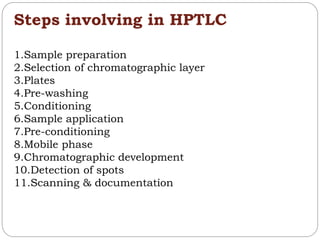 Steps involving in HPTLC
1.Sample preparation
2.Selection of chromatographic layer
3.Plates
4.Pre-washing
5.Conditioning
6.Sample application
7.Pre-conditioning
8.Mobile phase
9.Chromatographic development
10.Detection of spots
11.Scanning & documentation
 