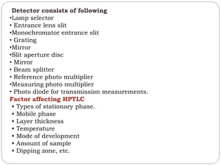 Detector consists of following
•Lamp selector
• Entrance lens slit
•Monochromator entrance slit
• Grating
•Mirror
•Slit aperture disc
• Mirror
• Beam splitter
• Reference photo multiplier
•Measuring photo multiplier
• Photo diode for transmission measurements.
Factor affecting HPTLC
• Types of stationary phase.
• Mobile phase
• Layer thickness
• Temperature
• Mode of development
• Amount of sample
• Dipping zone, etc.
 