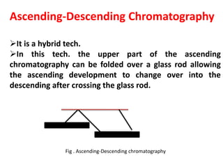 Ascending-Descending Chromatography
It is a hybrid tech.
In this tech. the upper part of the ascending
chromatography can be folded over a glass rod allowing
the ascending development to change over into the
descending after crossing the glass rod.
Fig . Ascending-Descending chromatography
 