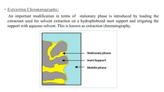 • Extraction Chromatography:
An important modification in terms of stationary phase is introduced by loading the
extractant used for solvent extraction on a hydrophobized inert support and irrigating the
support with aqueous solvent. This is known as extraction chromatography.
 