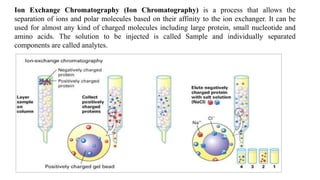 Ion Exchange Chromatography (Ion Chromatography) is a process that allows the
separation of ions and polar molecules based on their affinity to the ion exchanger. It can be
used for almost any kind of charged molecules including large protein, small nucleotide and
amino acids. The solution to be injected is called Sample and individually separated
components are called analytes.
 