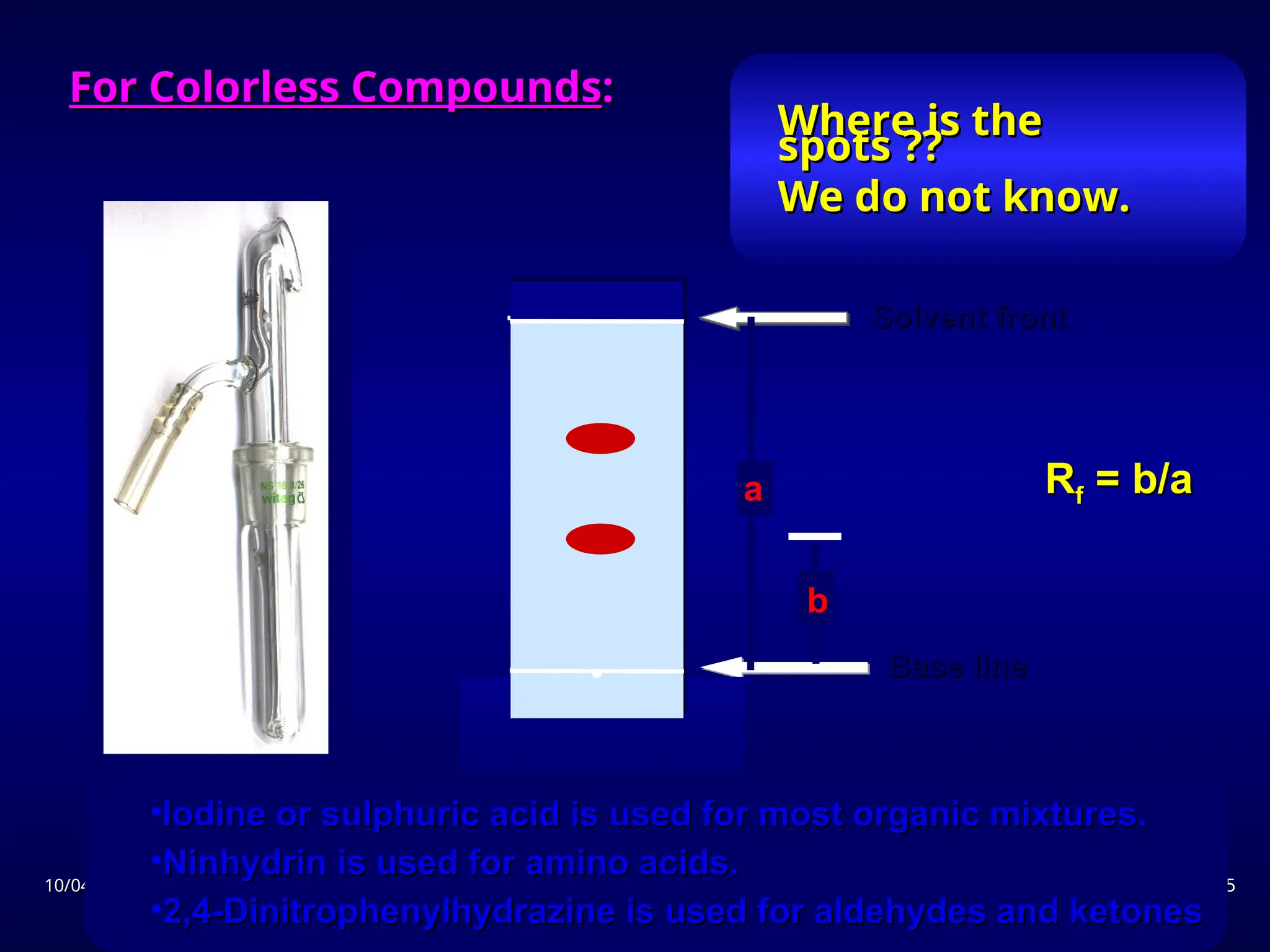 10/04/24
10/04/24 15
15
Base line
Base line



Solvent front
Solvent front
a
Where is the
Where is the
spots ??
spots ??
We do not know.
We do not know.
•Iodine or sulphuric acid is used for most organic mixtures.
Iodine or sulphuric acid is used for most organic mixtures.
•Ninhydrin is used for amino acids.
Ninhydrin is used for amino acids.
•2,4-Dinitrophenylhydrazine is used for aldehydes and ketones
2,4-Dinitrophenylhydrazine is used for aldehydes and ketones
b
R
Rf
f = b/a
= b/a
For Colorless Compounds
For Colorless Compounds:
:
 