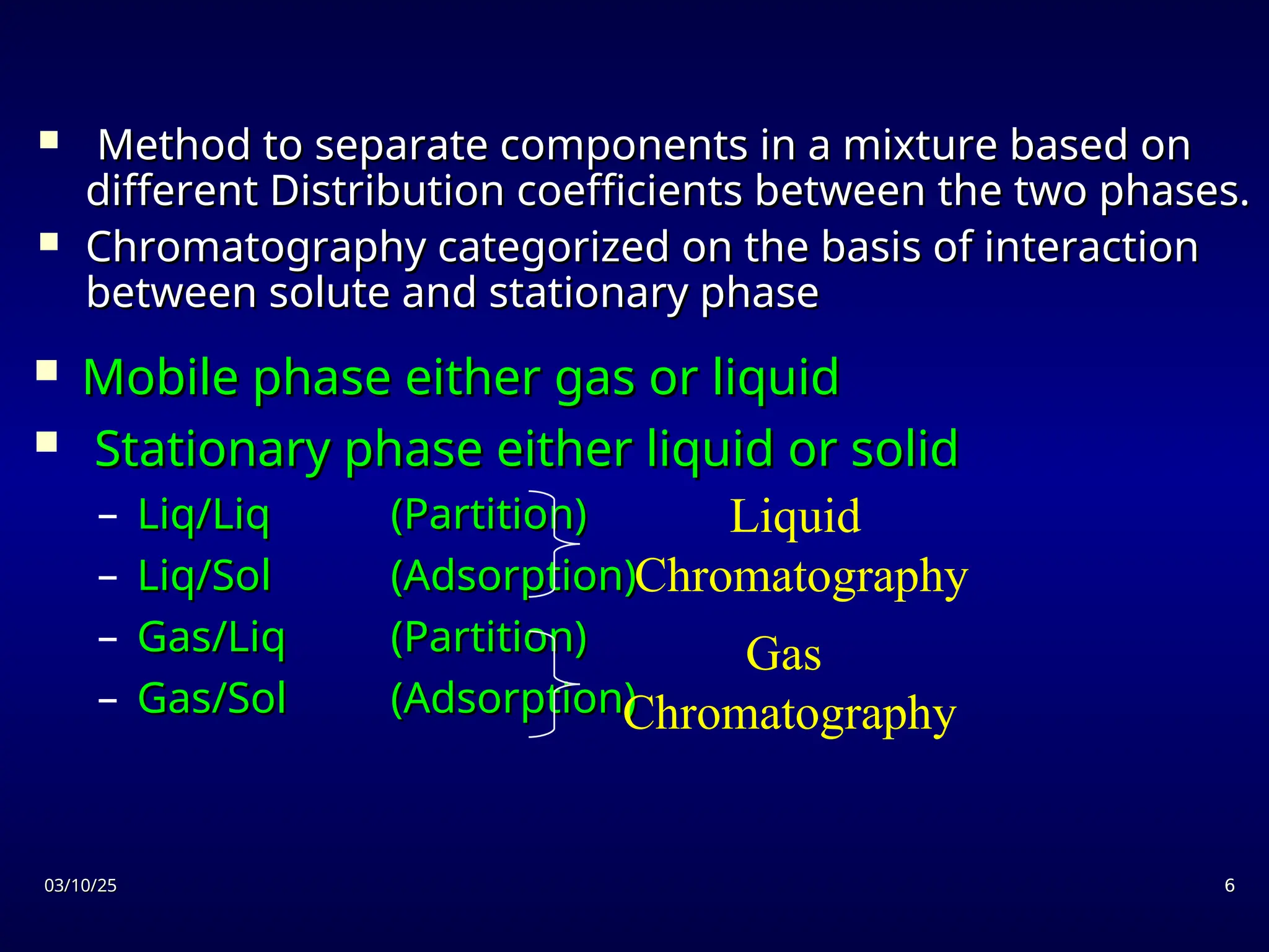 03/10/25
03/10/25 6
6
 Method to separate components in a mixture based on
Method to separate components in a mixture based on
different Distribution coefficients between the two phases.
different Distribution coefficients between the two phases.
 Chromatography categorized on the basis of interaction
Chromatography categorized on the basis of interaction
between solute and stationary phase
between solute and stationary phase
 Mobile phase either gas or liquid
Mobile phase either gas or liquid
 Stationary phase either liquid or solid
Stationary phase either liquid or solid
– Liq/Liq
Liq/Liq (Partition)
(Partition)
– Liq/Sol
Liq/Sol (Adsorption)
(Adsorption)
– Gas/Liq
Gas/Liq (Partition)
(Partition)
– Gas/Sol
Gas/Sol (Adsorption)
(Adsorption)
Gas
Chromatography
Liquid
Chromatography
 