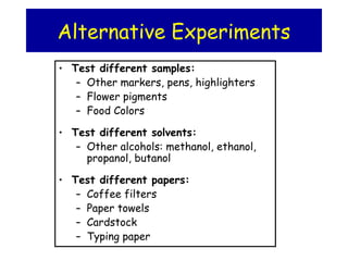 Alternative Experiments
• Test different samples:
– Other markers, pens, highlighters
– Flower pigments
– Food Colors
• Test different solvents:
– Other alcohols: methanol, ethanol,
propanol, butanol
• Test different papers:
– Coffee filters
– Paper towels
– Cardstock
– Typing paper
 