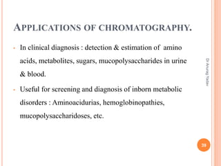 APPLICATIONS OF CHROMATOGRAPHY.
• In clinical diagnosis : detection & estimation of amino
acids, metabolites, sugars, mucopolysaccharides in urine
& blood.
• Useful for screening and diagnosis of inborn metabolic
disorders : Aminoacidurias, hemoglobinopathies,
mucopolysaccharidoses, etc.
39
DrAnuragYadav
 