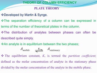THEORY OF COLUMN EFFICIENCY
PLATE THEORY
Developed by Martin & Synge.
The separation efficiency of a column can be expressed in
terms of the number of theoretical plates in the column.
The distribution of analytes between phases can often be
described quite simply.
An analyte is in equilibrium between the two phases;
 The equilibrium constant, K, is termed the partition coefficient;
defined as the molar concentration of analyte in the stationary phase
divided by the molar concentration of the analyte in the mobile phase.
Amobile Astationary
K
 