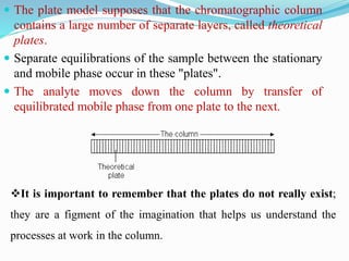  The plate model supposes that the chromatographic column
contains a large number of separate layers, called theoretical
plates.
 Separate equilibrations of the sample between the stationary
and mobile phase occur in these "plates".
 The analyte moves down the column by transfer of
equilibrated mobile phase from one plate to the next.
It is important to remember that the plates do not really exist;
they are a figment of the imagination that helps us understand the
processes at work in the column.
 