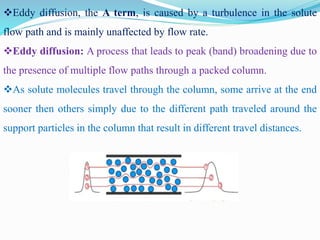 Eddy diffusion, the A term, is caused by a turbulence in the solute
flow path and is mainly unaffected by flow rate.
Eddy diffusion: A process that leads to peak (band) broadening due to
the presence of multiple flow paths through a packed column.
As solute molecules travel through the column, some arrive at the end
sooner then others simply due to the different path traveled around the
support particles in the column that result in different travel distances.
 