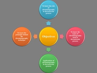 Objectives
To know the role
of
chromatography
in downstream
process
To know the
types of
chromatography
used in
downstream
process
Applications of
chromatography
in downstream
process
To learn the
principle behind
the
chromatography
technique
 