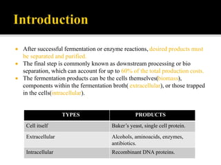  After successful fermentation or enzyme reactions, desired products must
be separated and purified.
 The final step is commonly known as downstream processing or bio
separation, which can account for up to 60% of the total production costs.
 The fermentation products can be the cells themselves(biomass),
components within the fermentation broth( extracellular), or those trapped
in the cells(intracellular).
TYPES PRODUCTS
Cell itself Baker’s yeast, single cell protein.
Extracellular Alcohols, aminoacids, enzymes,
antibiotics.
Intracellular Recombinant DNA proteins.
 