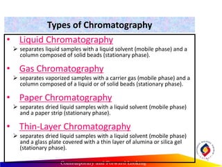 Types of Chromatography
• Liquid Chromatography
 separates liquid samples with a liquid solvent (mobile phase) and a
column composed of solid beads (stationary phase).
• Gas Chromatography
 separates vaporized samples with a carrier gas (mobile phase) and a
column composed of a liquid or of solid beads (stationary phase).
• Paper Chromatography
 separates dried liquid samples with a liquid solvent (mobile phase)
and a paper strip (stationary phase).
• Thin-Layer Chromatography
 separates dried liquid samples with a liquid solvent (mobile phase)
and a glass plate covered with a thin layer of alumina or silica gel
(stationary phase).
5
 
