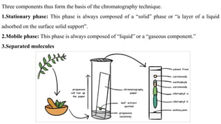 Three components thus form the basis of the chromatography technique.
1.Stationary phase: This phase is always composed of a “solid” phase or “a layer of a liquid
adsorbed on the surface solid support”.
2.Mobile phase: This phase is always composed of “liquid” or a “gaseous component.”
3.Separated molecules
 