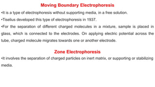Moving Boundary Electrophoresis
•It is a type of electrophoresis without supporting media, in a free solution.
•Tiselius developed this type of electrophoresis in 1937.
•For the separation of different charged molecules in a mixture, sample is placed in
glass, which is connected to the electrodes. On applying electric potential across the
tube, charged molecule migrates towards one or another electrode.
Zone Electrophoresis
•It involves the separation of charged particles on inert matrix, or supporting or stabilizing
media.
 