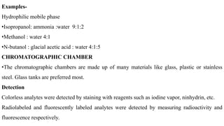 Examples-
Hydrophilic mobile phase
•Isopropanol: ammonia :water 9:1:2
•Methanol : water 4:1
•N-butanol : glacial acetic acid : water 4:1:5
CHROMATOGRAPHIC CHAMBER
•The chromatographic chambers are made up of many materials like glass, plastic or stainless
steel. Glass tanks are preferred most.
Detection
Colorless analytes were detected by staining with reagents such as iodine vapor, ninhydrin, etc.
Radiolabeled and fluorescently labeled analytes were detected by measuring radioactivity and
fluorescence respectively.
 