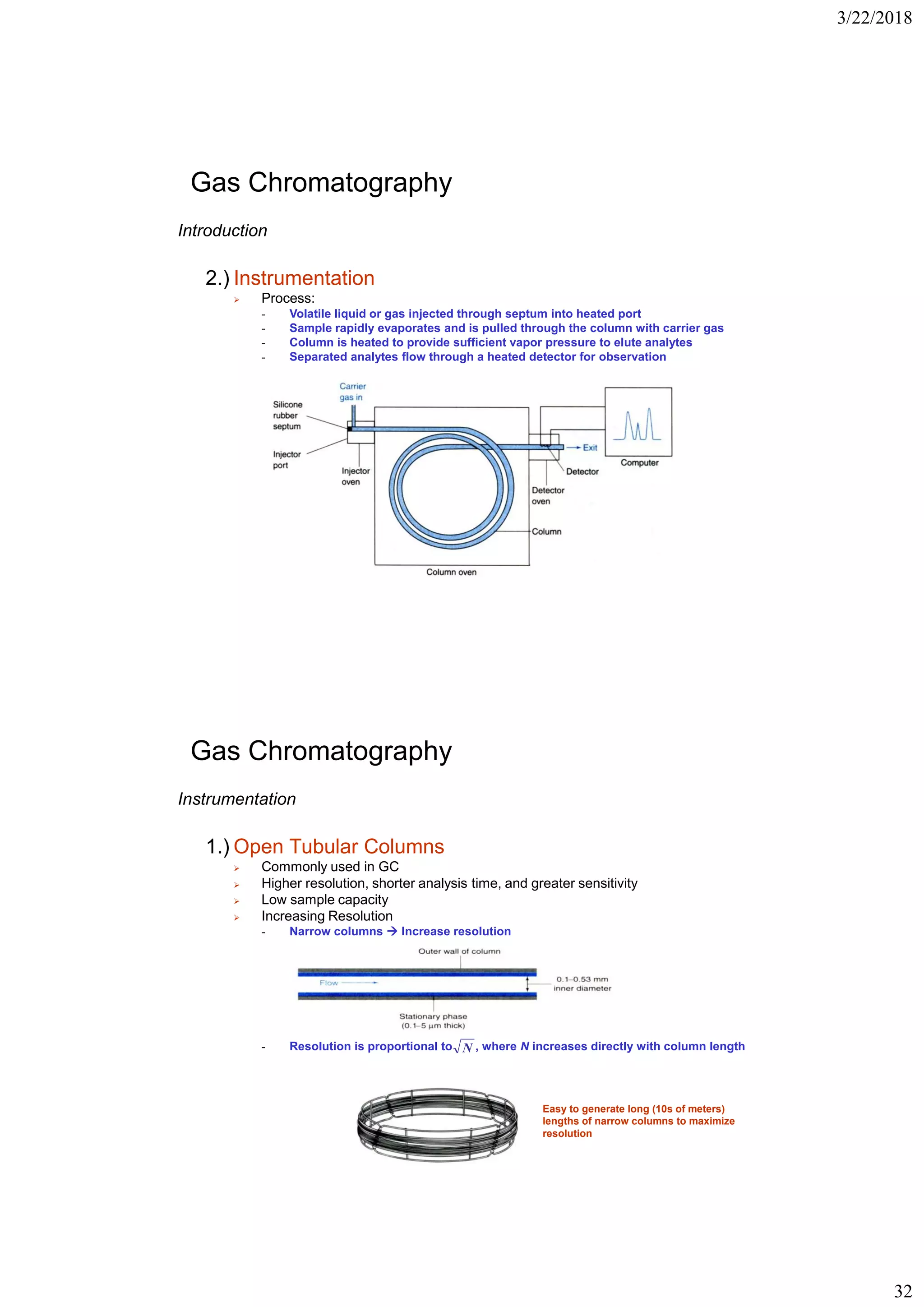 3/22/2018
32
Gas Chromatography
Introduction
2.) Instrumentation
➢ Process:
- Volatile liquid or gas injected through septum into heated port
- Sample rapidly evaporates and is pulled through the column with carrier gas
- Column is heated to provide sufficient vapor pressure to elute analytes
- Separated analytes flow through a heated detector for observation
Gas Chromatography
Instrumentation
1.) Open Tubular Columns
➢ Commonly used in GC
➢ Higher resolution, shorter analysis time, and greater sensitivity
➢ Low sample capacity
➢ Increasing Resolution
- Narrow columns  Increase resolution
- Resolution is proportional to , where N increases directly with column lengthN
Easy to generate long (10s of meters)
lengths of narrow columns to maximize
resolution
 