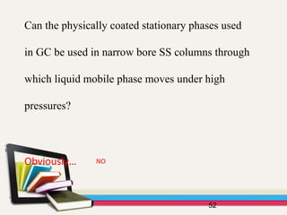 Can the physically coated stationary phases used
in GC be used in narrow bore SS columns through
which liquid mobile phase moves under high
pressures?
52
Obviously… NO
 