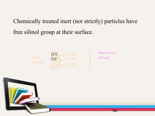 Chemically treated inert (not strictly) particles have
free silinol group at their surface.
54
Silica
particle
CCC
CCC
Si - OH
Si - OH
Si - OH
Free silinol
groups
 