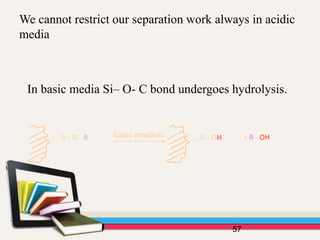 We cannot restrict our separation work always in acidic
media
57
In basic media Si– O- C bond undergoes hydrolysis.
Si - O - R basic medium Si - OH + R - OH
 