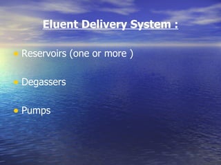 Eluent Delivery System : Reservoirs (one or more )  Degassers Pumps 