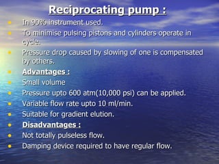 Reciprocating pump :   In 90% instrument used. To minimise pulsing pistons and cylinders operate in cycle.  Pressure drop caused by slowing of one is compensated by others. Advantages : Small volume Pressure upto 600 atm(10,000 psi) can be applied. Variable flow rate upto 10 ml/min. Suitable for gradient elution. Disadvantages : Not totally pulseless flow. Damping device required to have regular flow. 