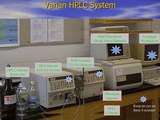 Varian HPLC System 9010 Solvent Delivery System 9050 Variable UV/Vis Detector HPLC Solvent Reservoirs HPLC Column Rheodyne Injector 9060 Polychrom (Diode Array) Detector Computer Workstation Keep an eye on these 4 screens! 