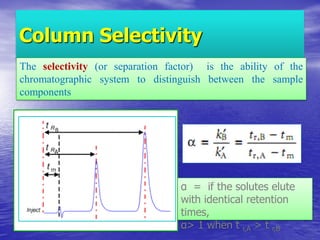 Column Selectivity
The selectivity (or separation factor) is the ability of the
chromatographic system to distinguish between the sample
components
α = if the solutes elute
with identical retention
times,
α> 1 when t r,A > t r,B
 