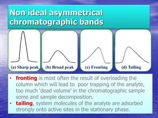 Non ideal asymmetrical
chromatographic bands
(a) Sharp peak (b) Broad peak (c) Fronting (d) Tailing
• fronting is most often the result of overloading the
column which will lead to poor trapping of the analyte,
too much ‘dead volume’ in the chromatographic sample
some and sample decomposition.
• tailing, system molecules of the analyte are adsorbed
strongly onto active sites in the stationary phase.
 