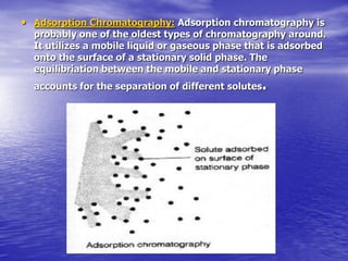 • Adsorption Chromatography: Adsorption chromatography is
probably one of the oldest types of chromatography around.
It utilizes a mobile liquid or gaseous phase that is adsorbed
onto the surface of a stationary solid phase. The
equilibriation between the mobile and stationary phase
accounts for the separation of different solutes.
 