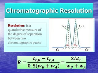 Chromatographic Resolution
Resolution: is a
quantitative measure of
the degree of separation
between two
chromatographic peaks
 