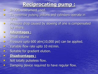 Reciprocating pump :
• In 90% instrument used.
• To minimise pulsing pistons and cylinders operate in
cycle.
• Pressure drop caused by slowing of one is compensated
by others.
• Advantages :
• Small volume
• Pressure upto 600 atm(10,000 psi) can be applied.
• Variable flow rate upto 10 ml/min.
• Suitable for gradient elution.
• Disadvantages :
• Not totally pulseless flow.
• Damping device required to have regular flow.
 