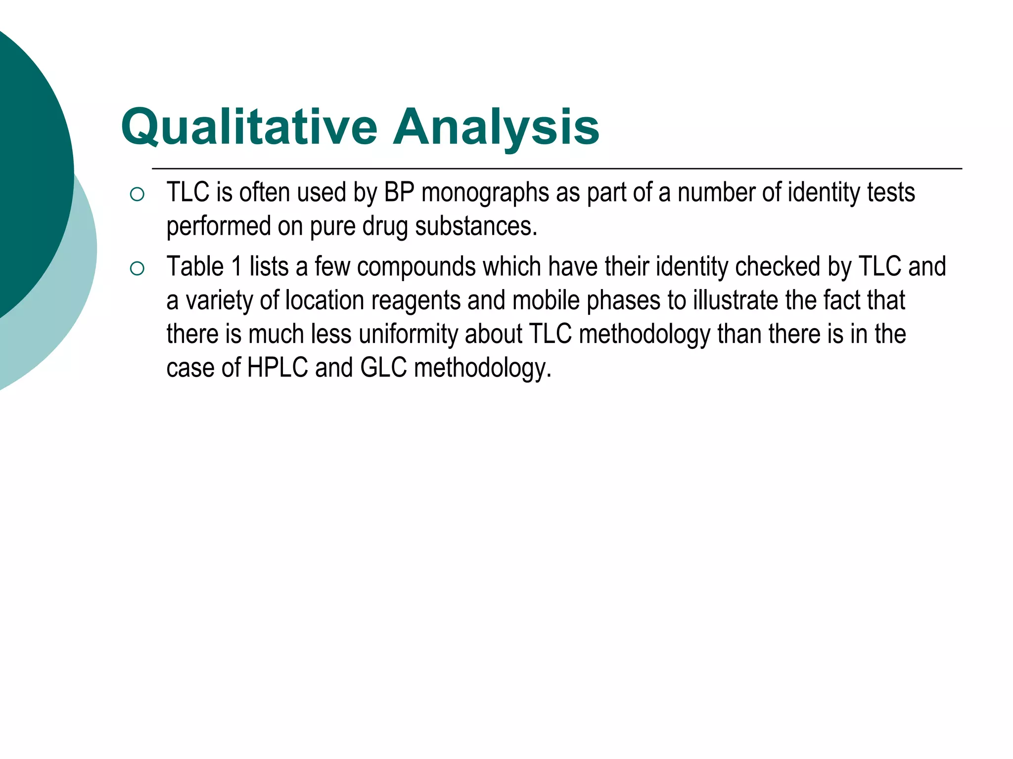 Qualitative Analysis
 TLC is often used by BP monographs as part of a number of identity tests
performed on pure drug substances.
 Table 1 lists a few compounds which have their identity checked by TLC and
a variety of location reagents and mobile phases to illustrate the fact that
there is much less uniformity about TLC methodology than there is in the
case of HPLC and GLC methodology.
 