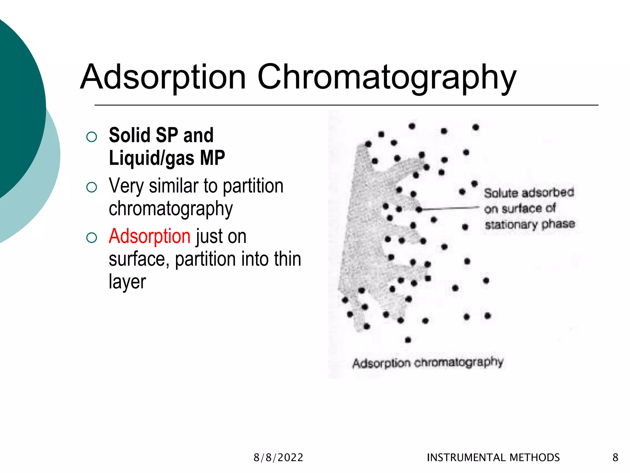 Adsorption Chromatography
 Solid SP and
Liquid/gas MP
 Very similar to partition
chromatography
 Adsorption just on
surface, partition into thin
layer
8/8/2022 INSTRUMENTAL METHODS 8
 