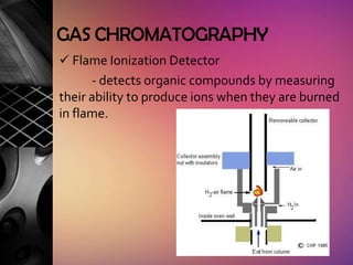 GAS CHROMATOGRAPHY
 Flame Ionization Detector
      - detects organic compounds by measuring
their ability to produce ions when they are burned
in flame.
 