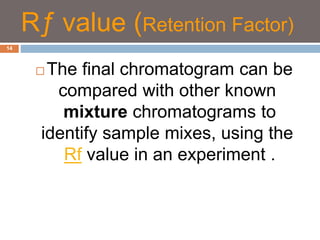 The final chromatogram can be 
compared with other known 
mixture chromatograms to 
identify sample mixes, using the 
Rf value in an experiment . 
14 
Rƒ value (Retention Factor) 
 
