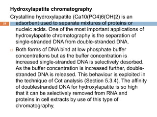 Hydroxylapatite chromatography 
Crystalline hydroxylapatite (Ca10(PO4)6(OH)2) is an 
adsorbent used to separate mixtures of proteins or 
nucleic acids. One of the most important applications of 
hydroxylapatite chromatography is the separation of 
single-stranded DNA from double-stranded DNA. 
 Both forms of DNA bind at low phosphate buffer 
concentrations but as the buffer concentration is 
increased single-stranded DNA is selectively desorbed. 
As the buffer concentration is increased further, double-stranded 
DNA is released. This behaviour is exploited in 
the technique of Cot analysis (Section 5.3.4). The affinity 
of doublestranded DNA for hydroxylapatite is so high 
that it can be selectively removed from RNA and 
proteins in cell extracts by use of this type of 
chromatography. 
28 
