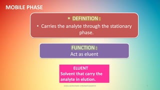 MOBILE PHASE
GOKULAKRISHNAN CHROMATOGRAPHY 7
ELUENT
Solvent that carry the
analyte in elution.
 
