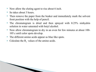  Now allow the eluting agent to rise about 6 inch.
 Its takes about 3 hours.
 Then remove the paper from the beaker and immediately mark the solvent
front position with the help of pencil.
 The chromatogram is dried and then sprayed with 0.25% ninhydrin
solution in water saturated with butyl alcohol.
 Now allow chromatogram to dry in an oven for few minutes at about 100-
105 c until color spots develop.
 The different amino acids appear as blue like spots.
 Calculate the Rƒ values of the amino acids.
 