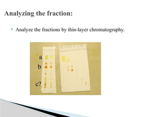  Analyze the fractions by thin-layer chromatography.
Analyzing the fraction:
 