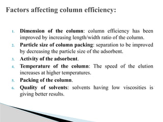 1. Dimension of the column: column efficiency has been
improved by increasing length/width ratio of the column.
2. Particle size of column packing: separation to be improved
by decreasing the particle size of the adsorbent.
3. Activity of the adsorbent.
4. Temperature of the column: The speed of the elution
increases at higher temperatures.
5. Packing of the column.
6. Quality of solvents: solvents having low viscosities is
giving better results.
Factors affecting column efficiency:
 