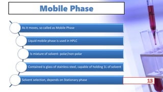 Mobile Phase
As it moves, so called as Mobile Phase
Liquid mobile phase is used in HPLC
Is mixture of solvent- polar/non-polar
Contained is glass of stainless steel, capable of holding 1L of solvent
Solvent selection, depends on Stationary phase
 