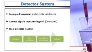 Detector System
 Is coupled to column and detects substances
 It sends signals to processing unit (Computer)
 Ideal detector must be :
Sensitive
Non-
destructive
Insensitive to
temperature
Reliable
 